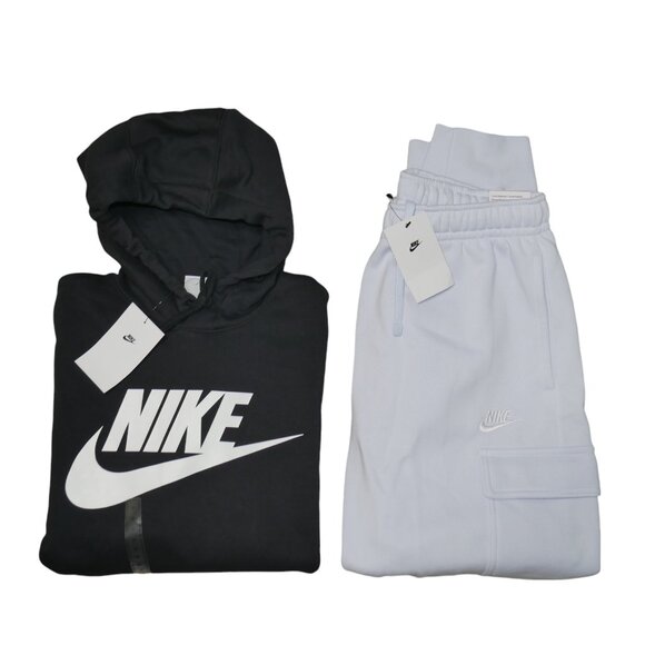 Nike Club Mens 2 Piece Sweatsuit Fleece Tracksuit Football Grey/Black Gift Set - Picture 2 of 13
